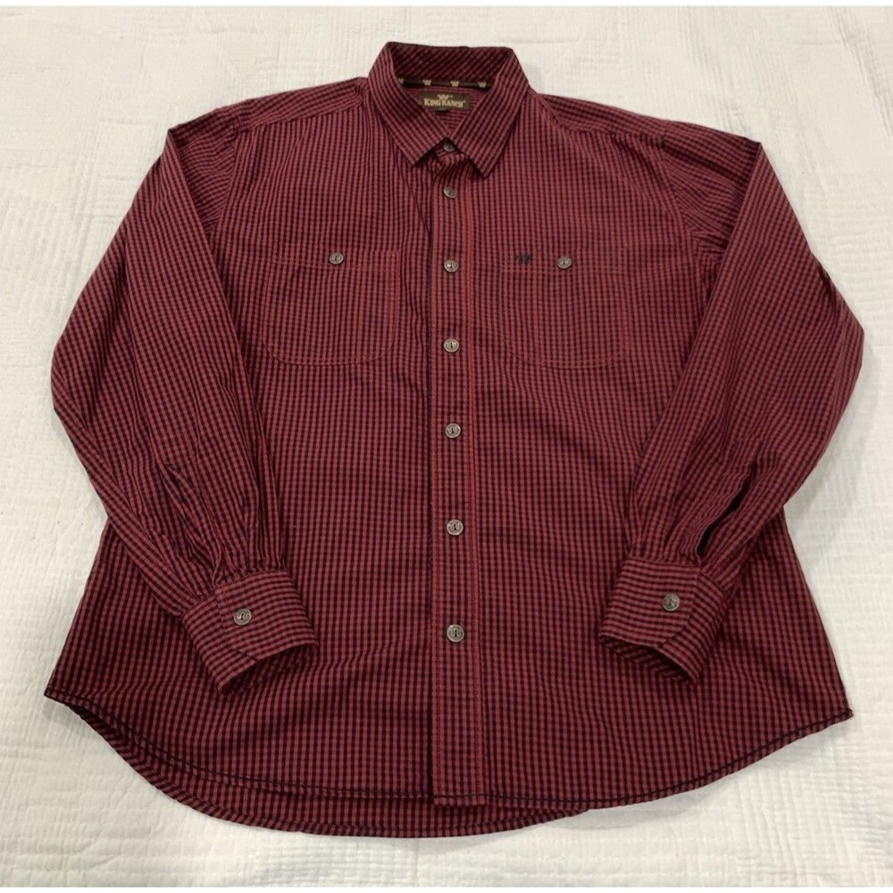 King Ranch Shirt Mens Large Red Blue Long Sleeve Button Up Plaid Pocket Cotton
